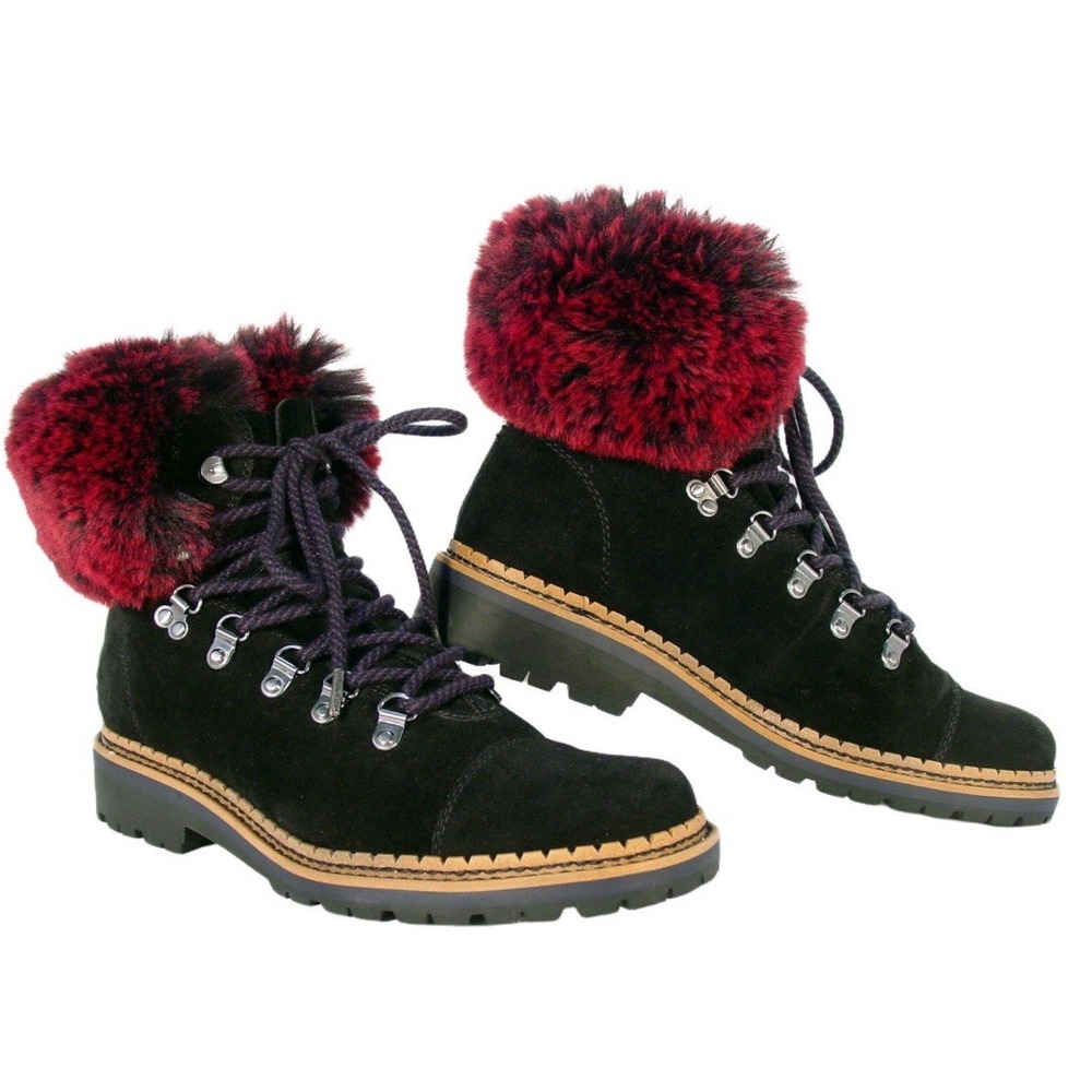 New Sam Edelman Black Suede Boots Women's 9 Bowen Pink Wine Faux Fur Lug Sole